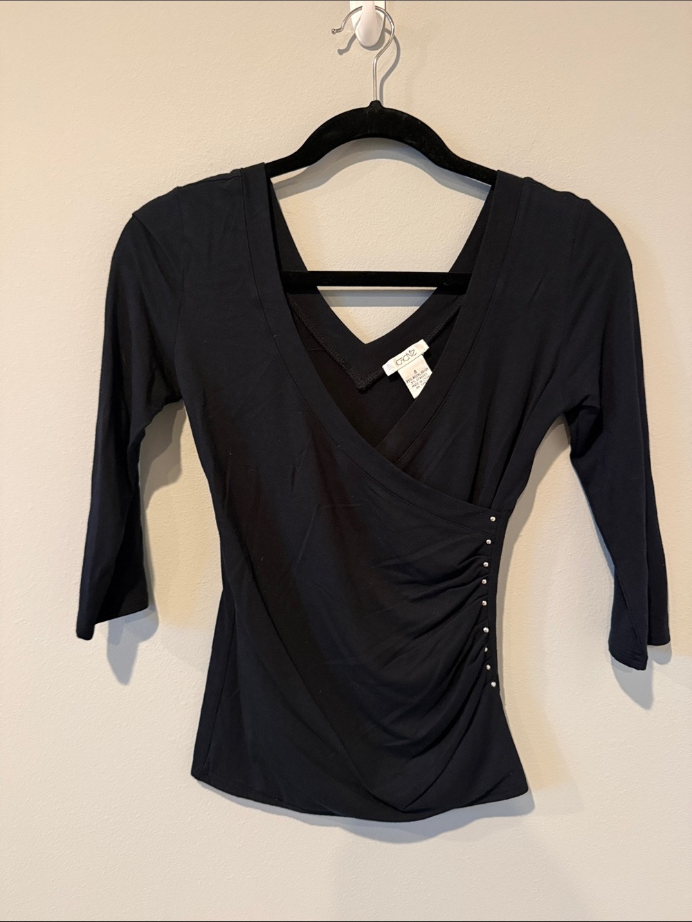 Cache Black Wrap-Style 3/4 Sleeve Top with Side Studs
